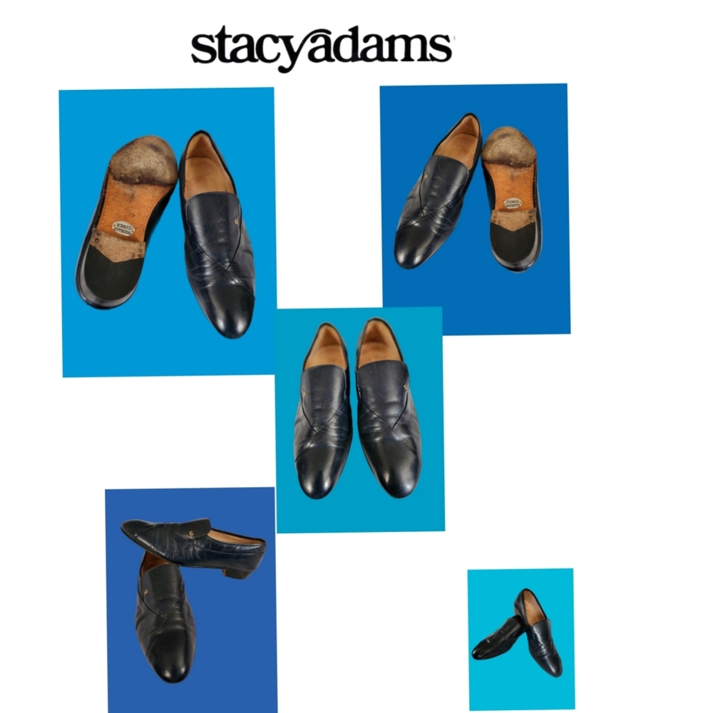 VINTAGE STACY ADAMS NAVY BLUE LEATHER SLIP ONS SZ.10.5